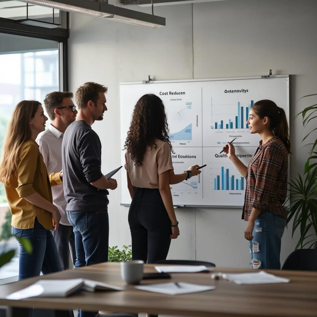 Equipo discutiendo estrategias de optimización de costos con enfoque en la calidad
